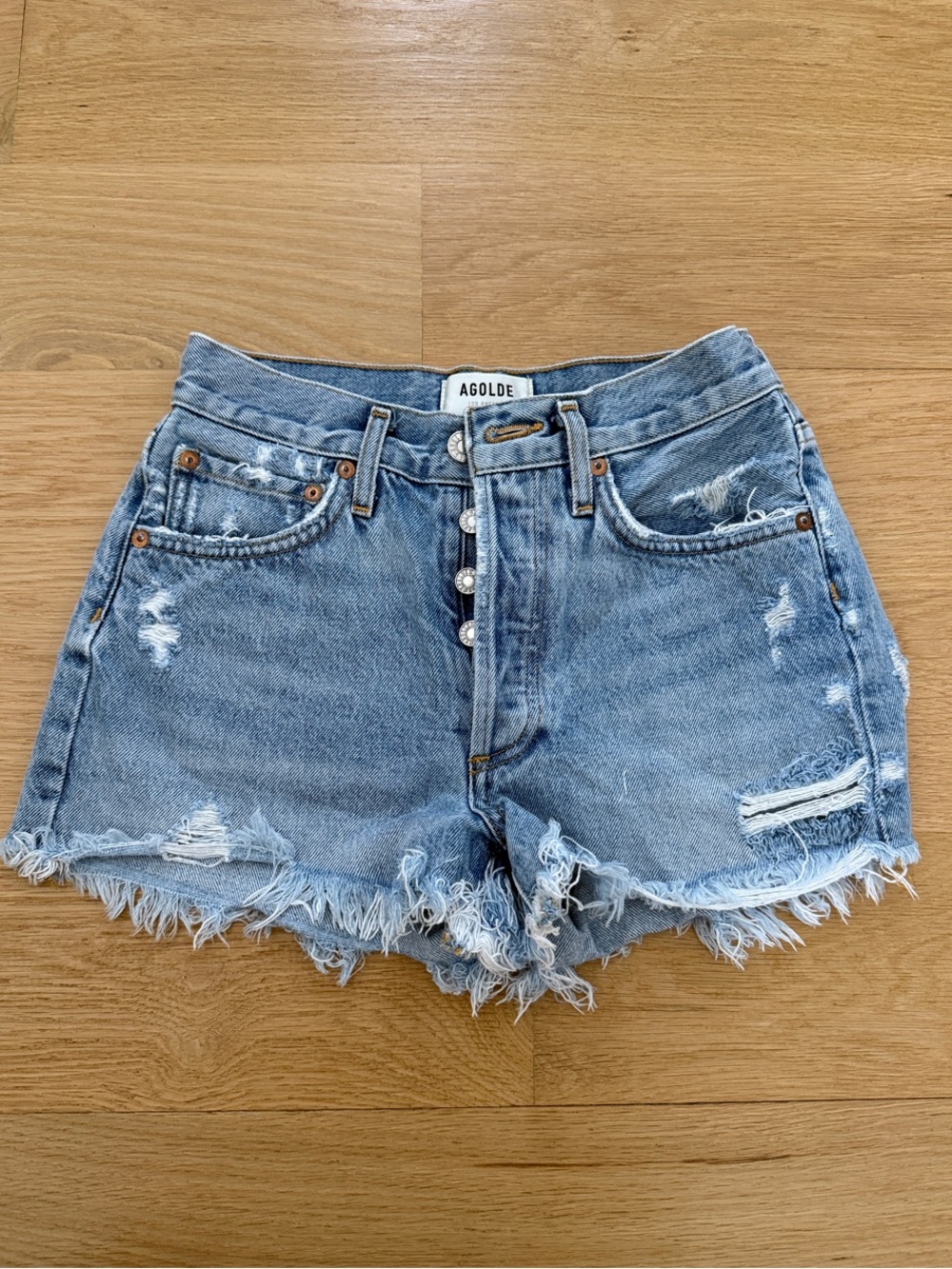 Agolde Light Wash Distressed Denim Cutoff Shorts